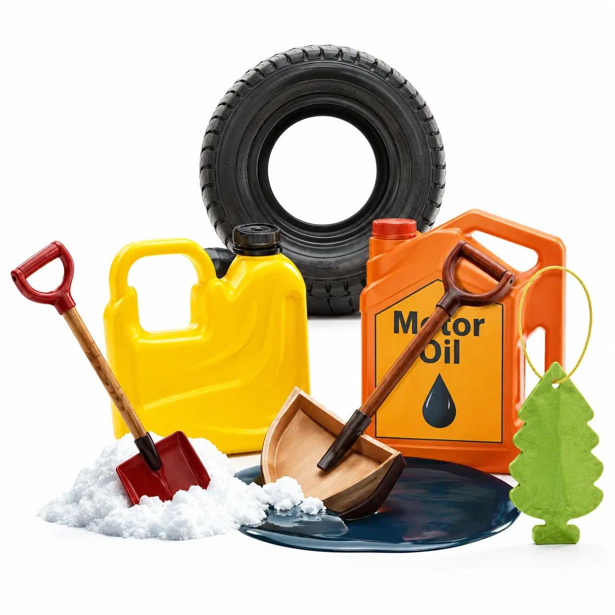 Motor oil jug, funnel, snow shovel, tire, and air fresheners