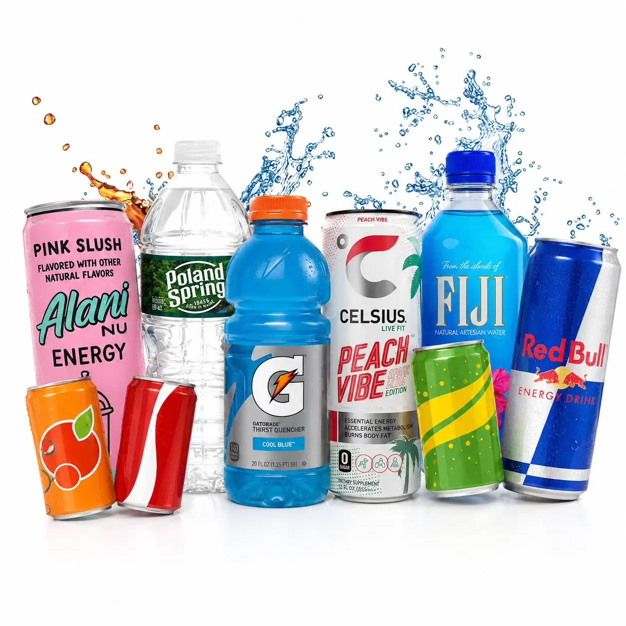Energy drinks, bottled water, sodas, and sports drinks