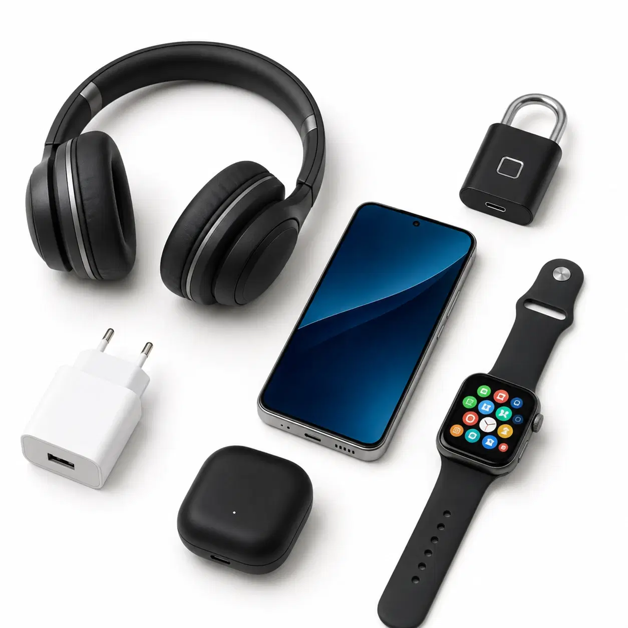 Headphones, wall charger, earbuds, smartphone, and smart watch