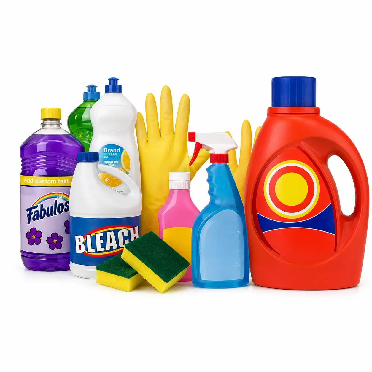 Bleach, laundry detergent, sponges, rubber gloves, and spray cleaners
