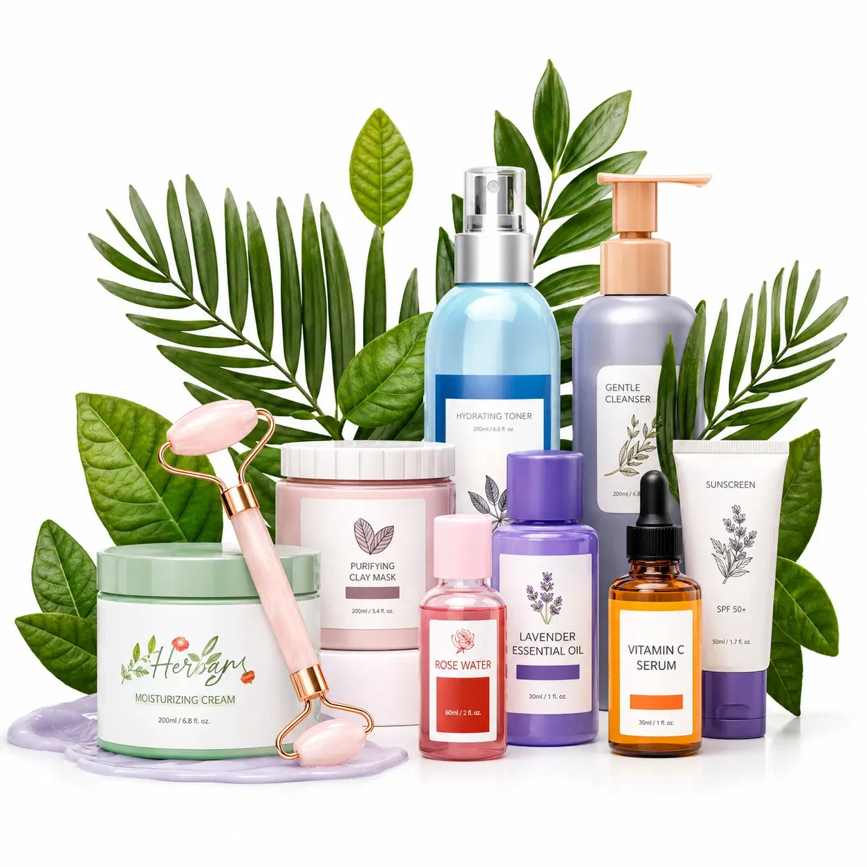 Serums, moisturizers, cleansers, and a jade facial roller