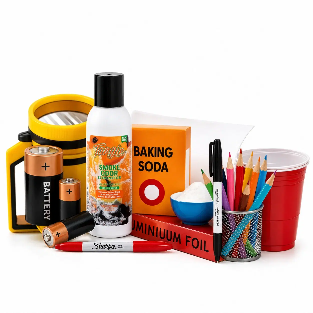 Batteries, baking soda, aluminum foil, party cups, and markers