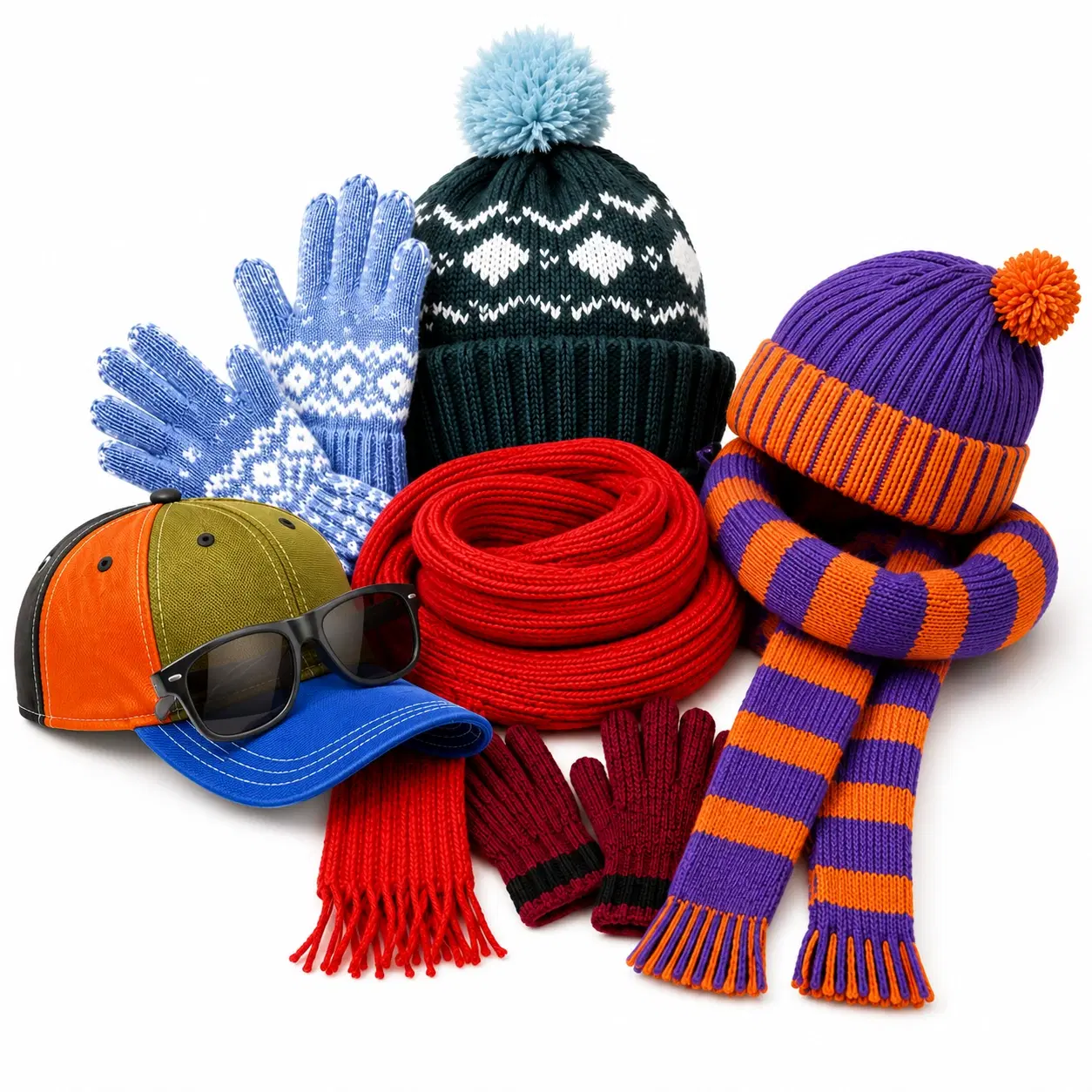 Knit beanies, winter gloves, scarves, and a baseball cap with sunglasses