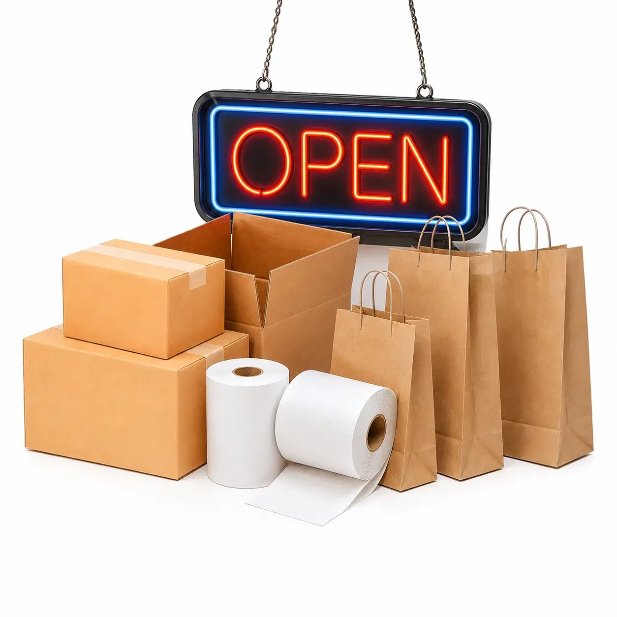 Neon open sign, shipping boxes, paper bags, and receipt rolls
