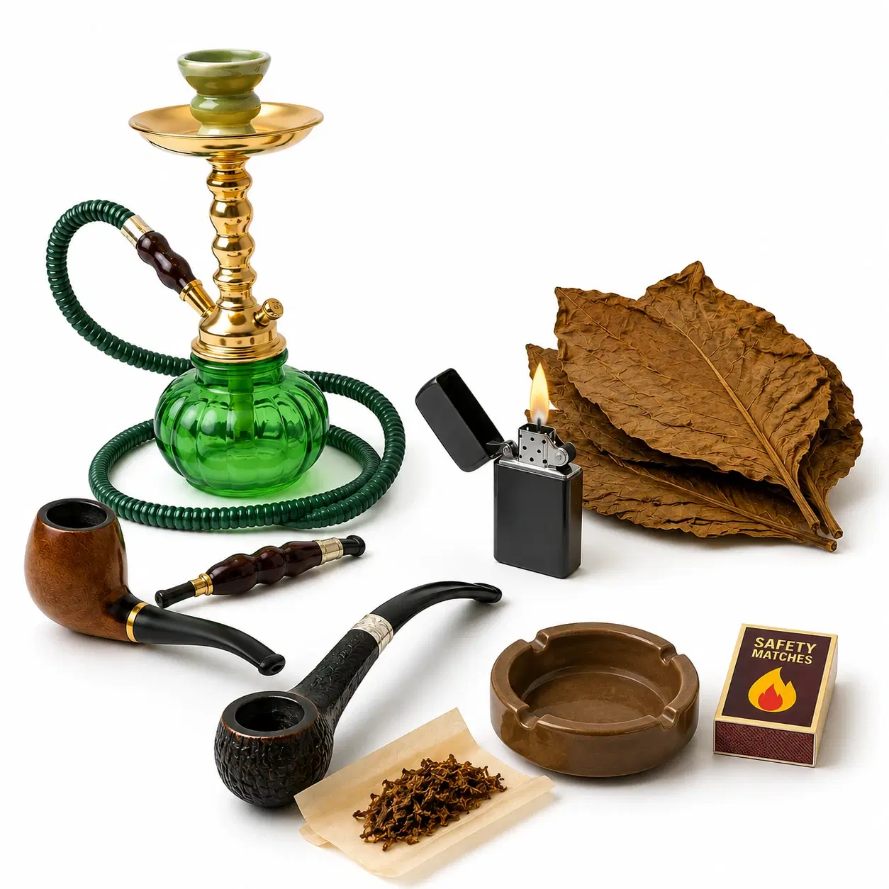Pipes, hookah, lighter, cigars, ashtray, and safety matches
