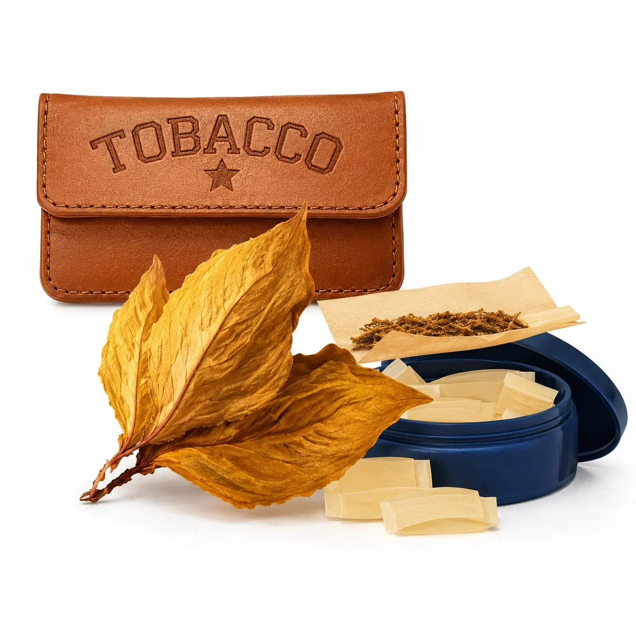 Leather tobacco pouch, dried tobacco leaves, and rolling papers