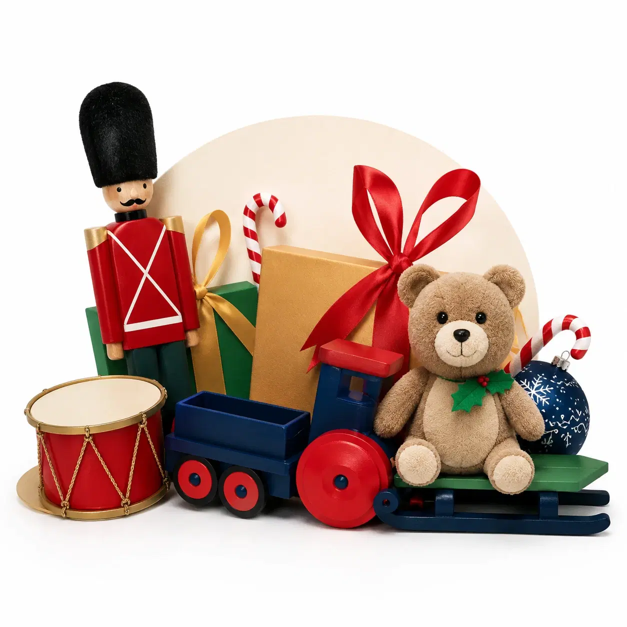 Teddy bear, toy train, toy soldier, drum, and candy canes